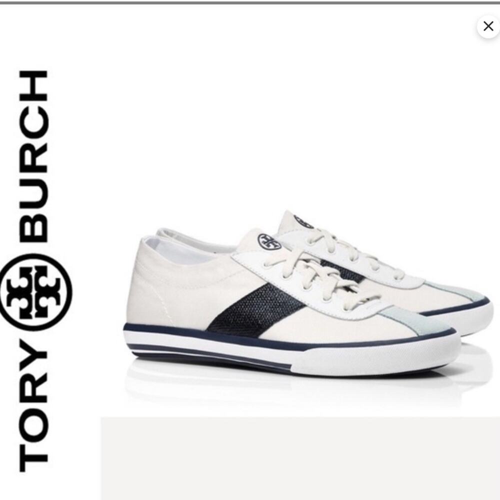 Tory Burch White Simple Stripe Authentic Tennis Shoes Size 8.5